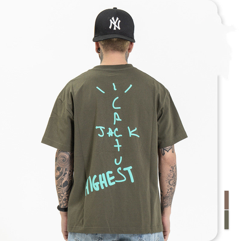 Spring Summer Round Collar Loose Fashion Brand Hip Hop Rap English Print Oversize Short Sleeve
