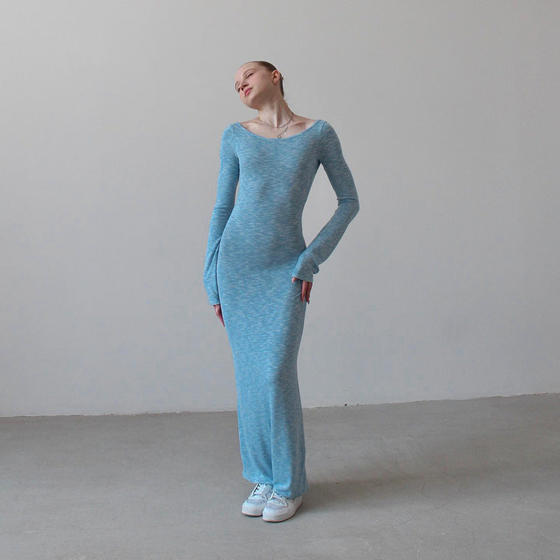 Gestricktes, rückenfreies, schmal geschnittenes Langarmkleid mit Schnürung für Damen