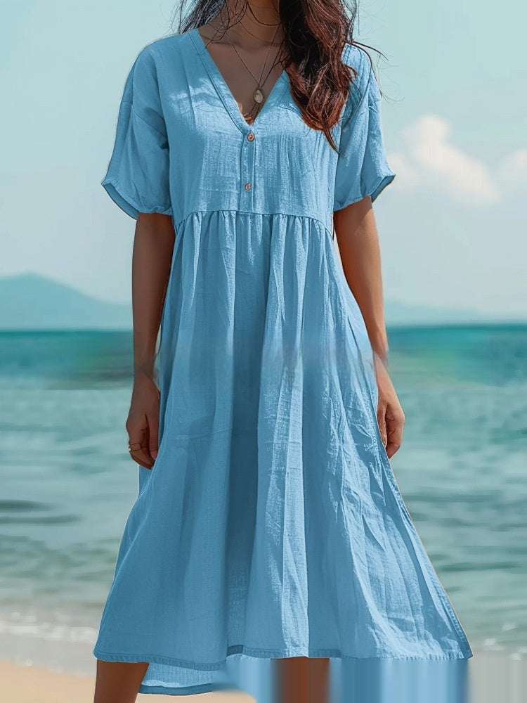 Vestido de lino y algodón de manga corta para mujer