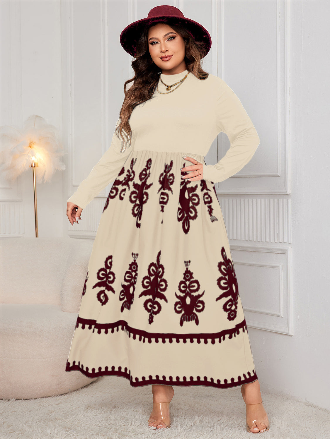 Vestido holgado de manga larga con estampado negro de talla grande