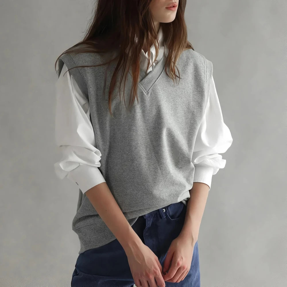 Lockerer ärmelloser Strickpullover mit V-Ausschnitt für Damen - Lässiges Unterhemd-Oberteil für den Herbst
