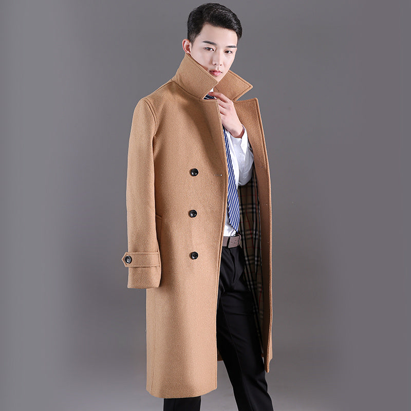Cortavientos largo para hombre, otoño e invierno, nueva lana, cruzado, moda, ajustado