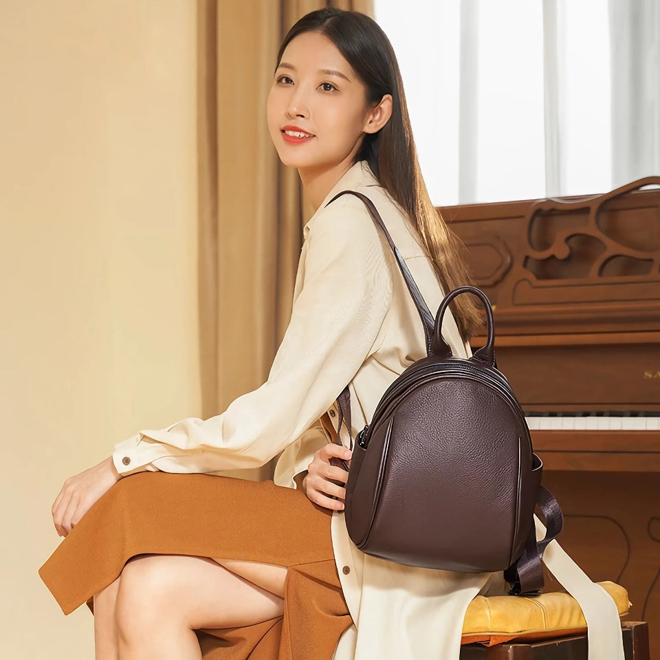 Elegante mochila de cuero color café oscuro para mujer: bolso de hombro doble de piel de vaca de primera calidad