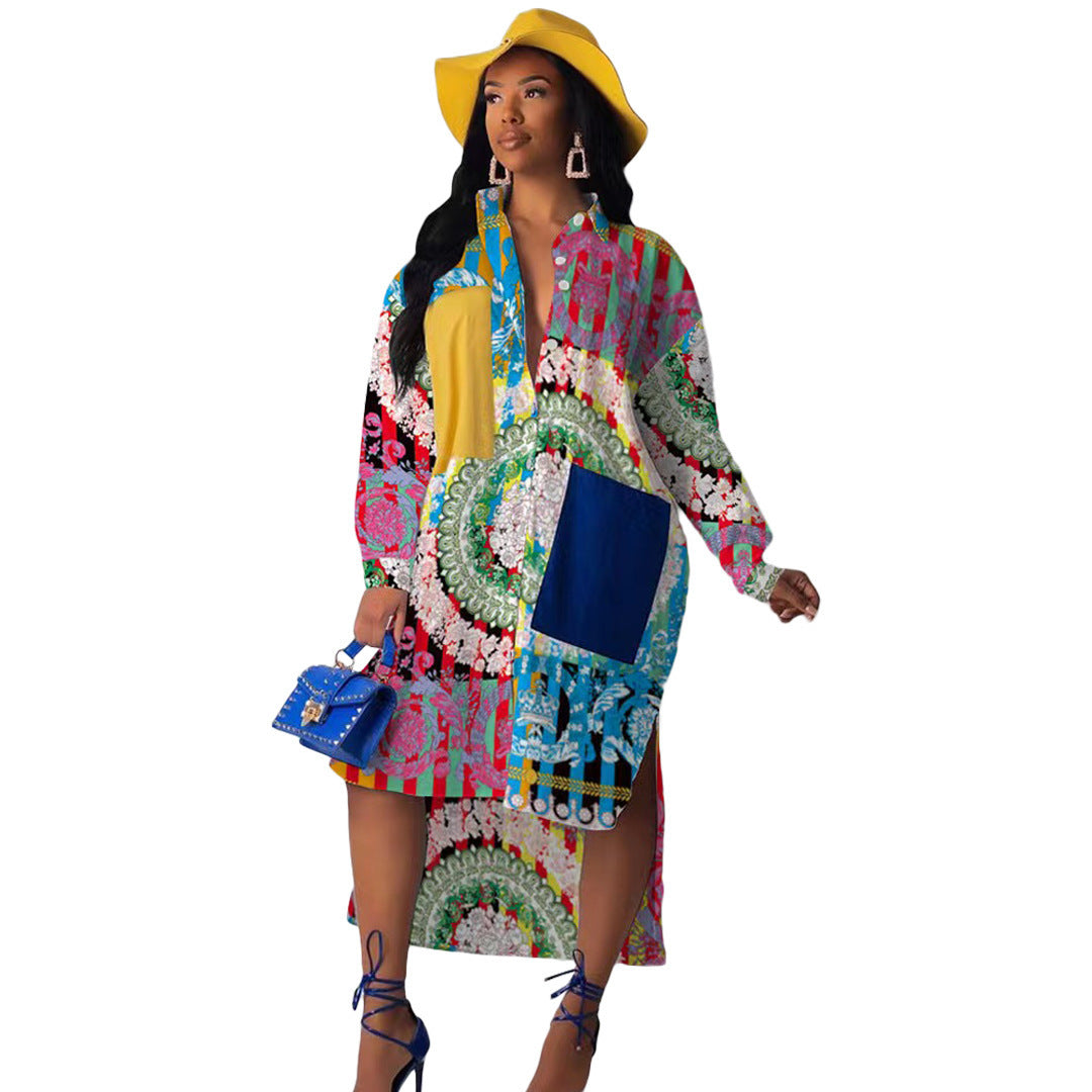 Vestido camisero holgado con solapa y botonadura sencilla con abertura