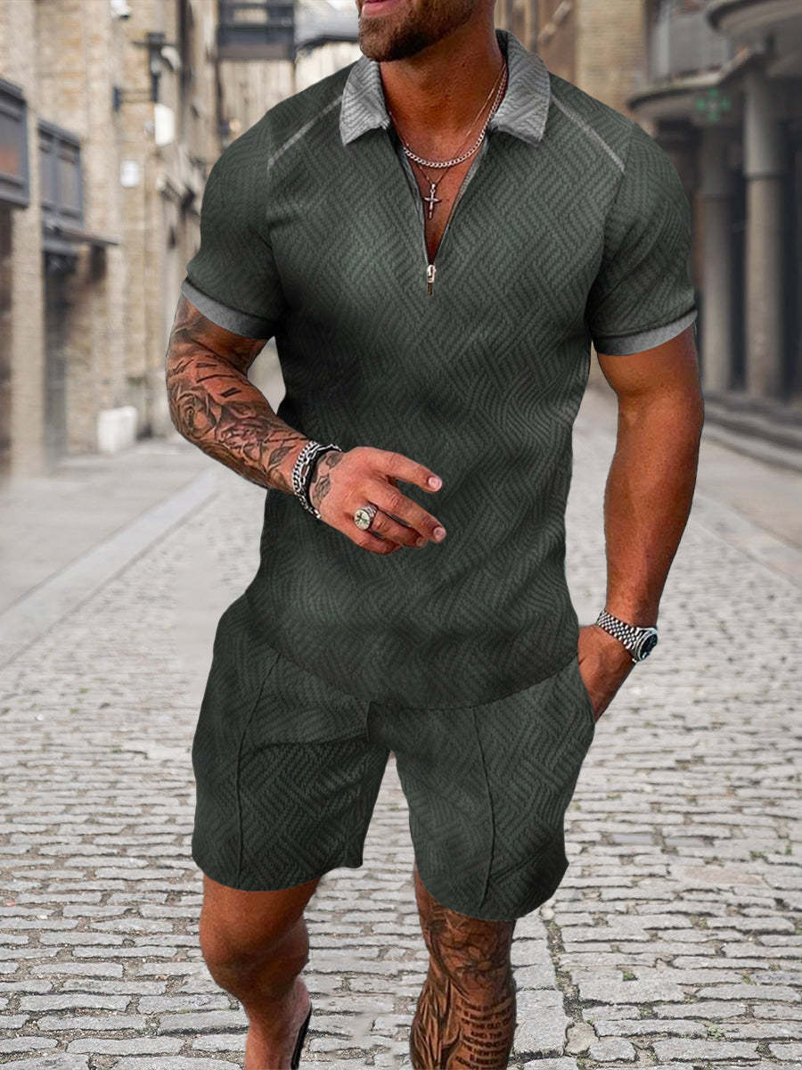 Conjunto de camisa con solapa y cremallera con estampado geométrico de manga corta en 3D de moda de verano para hombre
