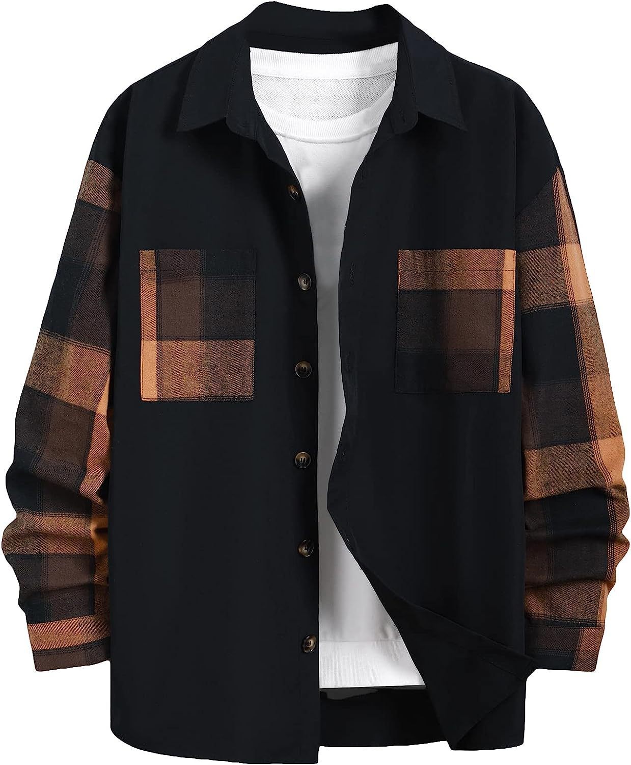 Camisa casual de manga larga con bloques de colores y cuadros para hombre de otoño