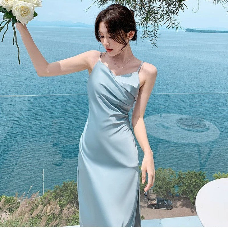 Französisch Stil Blau Sling Kleid frauen Sommer Satin