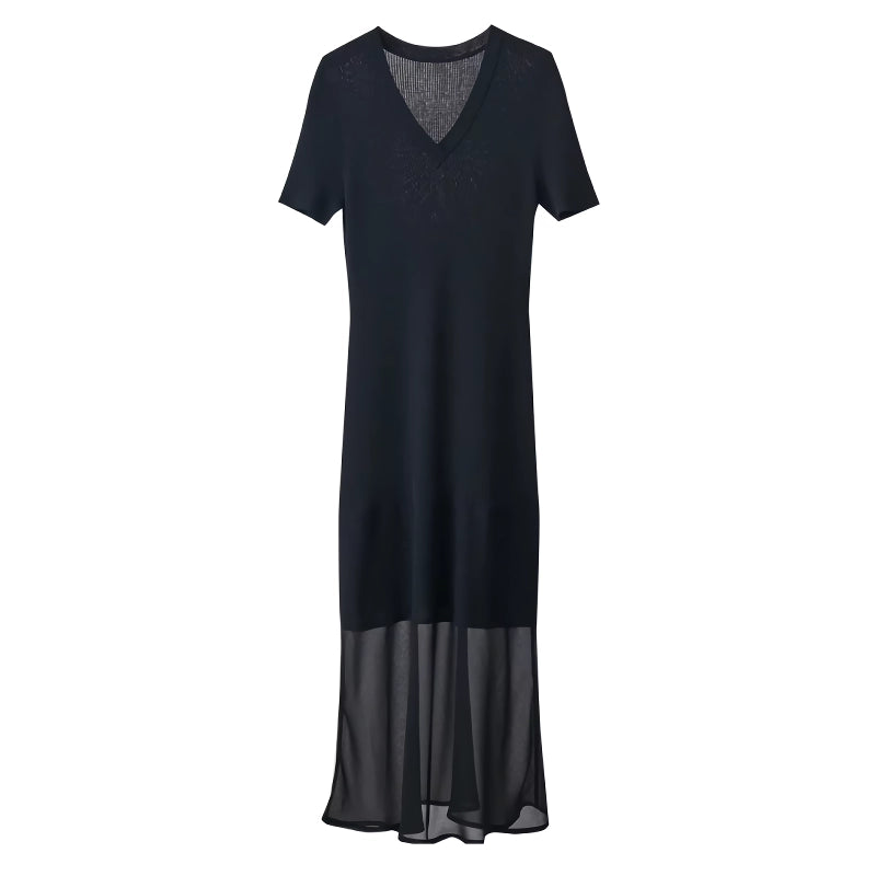 Vestido de punto con escote en V y mangas cortas unidas con gasa