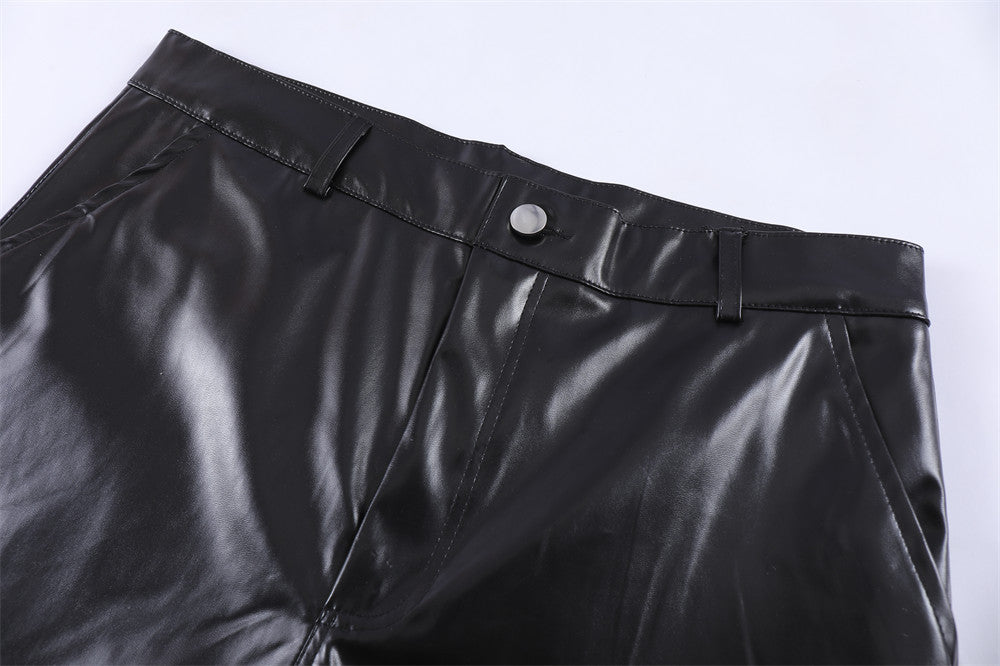 Einfarbig Glänzend PU Leder Hosen Männer Punk Rock Lose