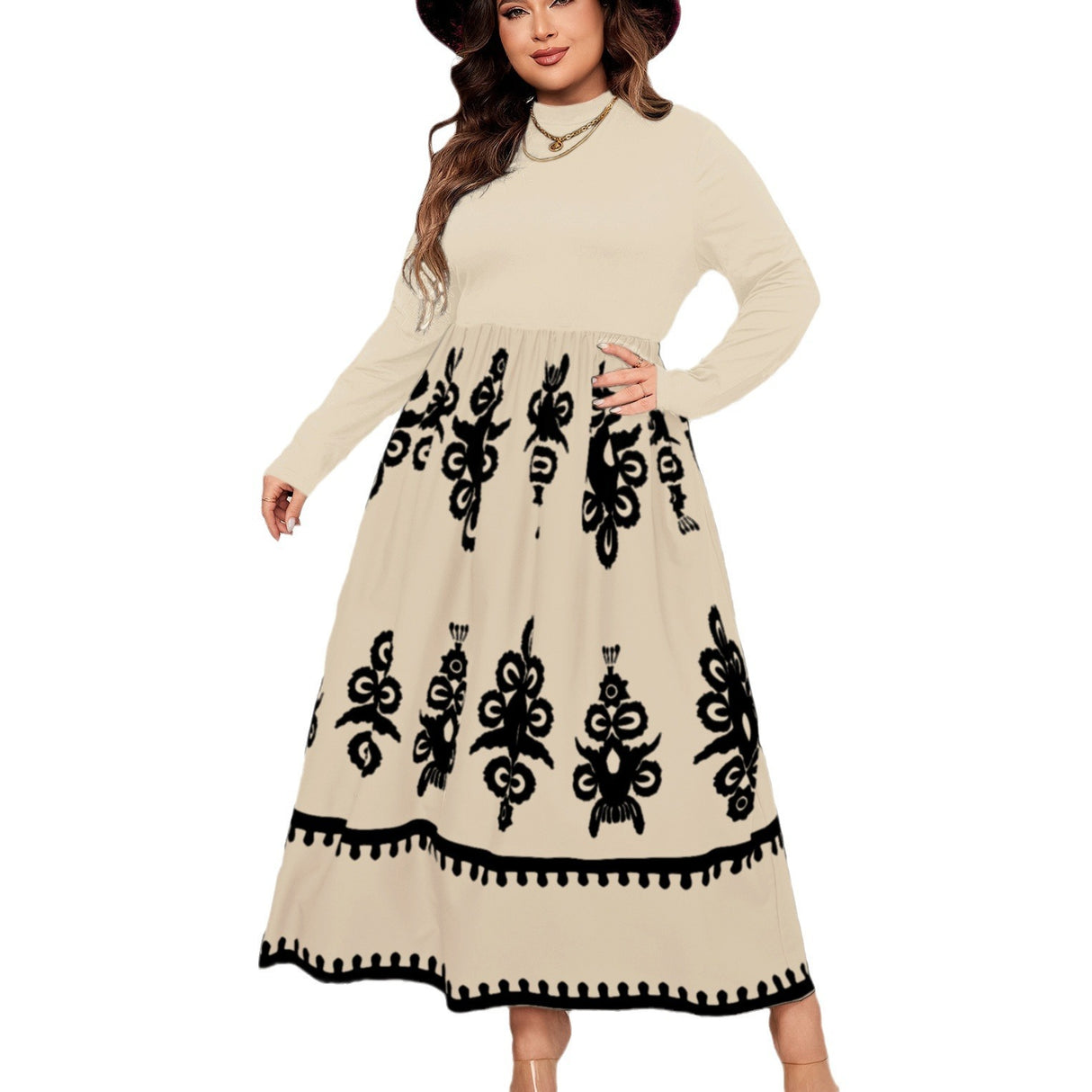 Vestido holgado de manga larga con estampado negro de talla grande