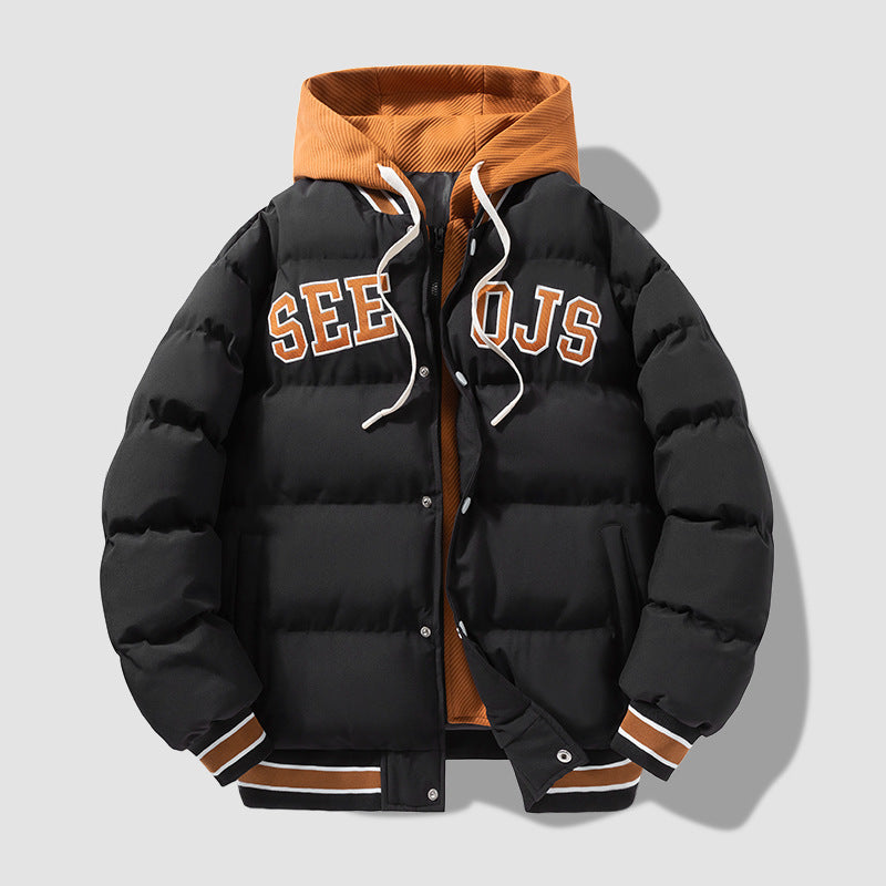 Abrigo de algodón con capucha y letras de moda, chaqueta cálida de invierno con cremallera sólida para hombres y adolescentes