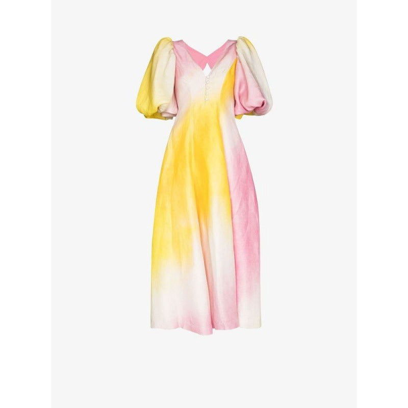 GY24153 Modisches Kleid mit V-Ausschnitt und Laternenärmeln