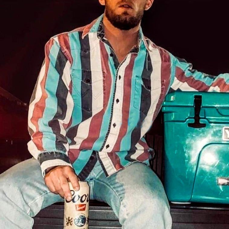 Camisa informal de manga larga holgada con estampado retro a rayas para hombre