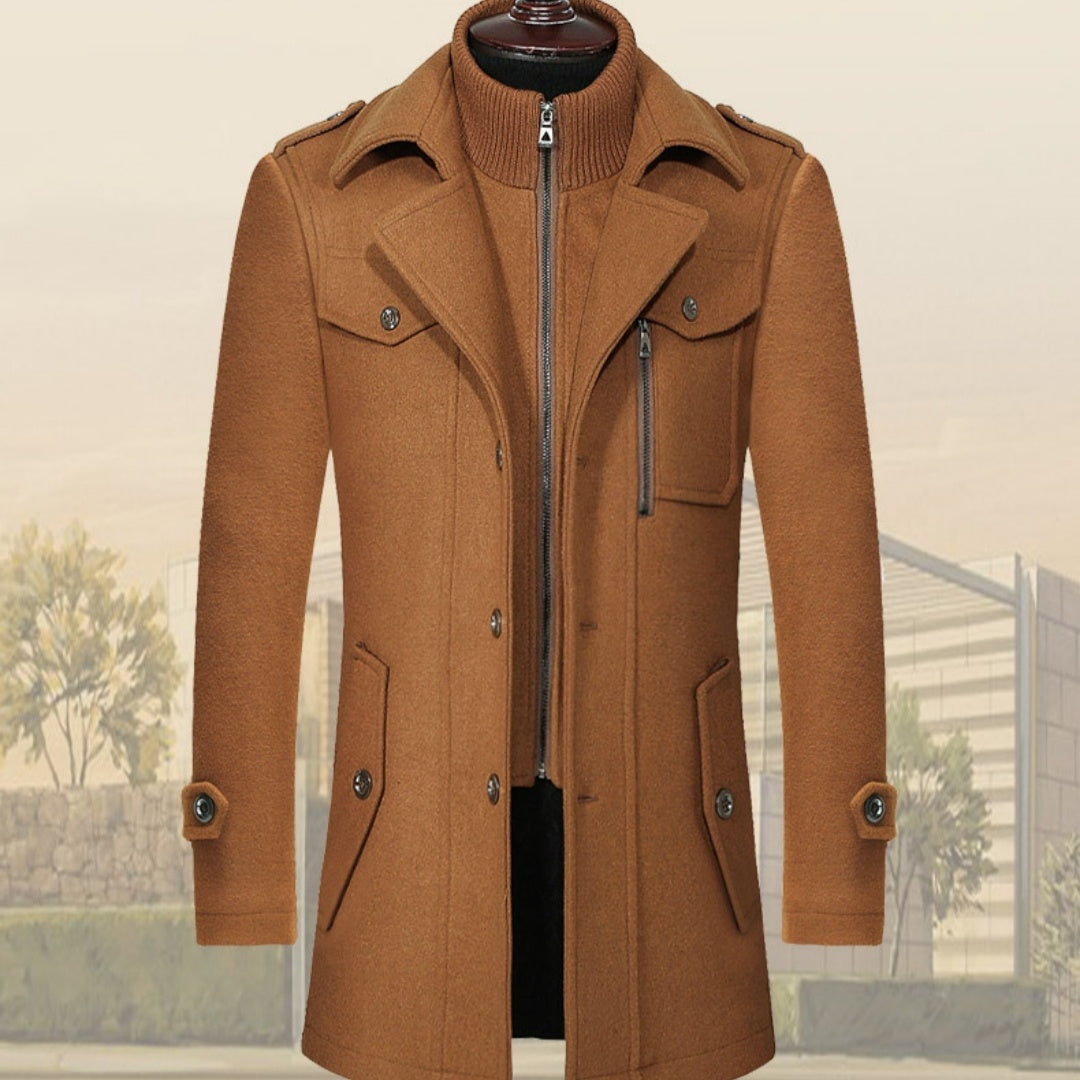 Chaqueta de lana con cuello doble y cremallera vertical estándar para hombre