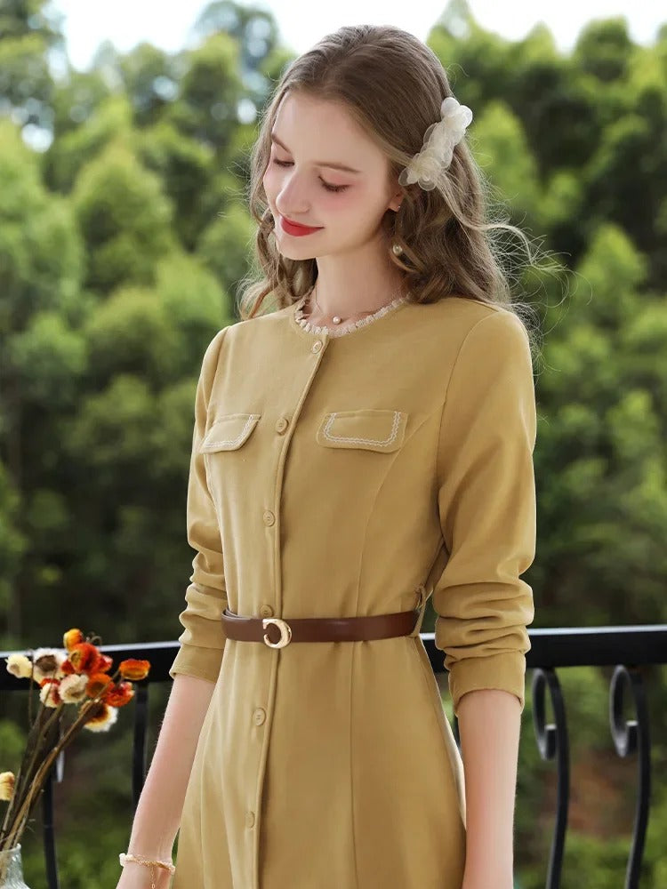 Elegante vestido de suéter de punto con cuello en V