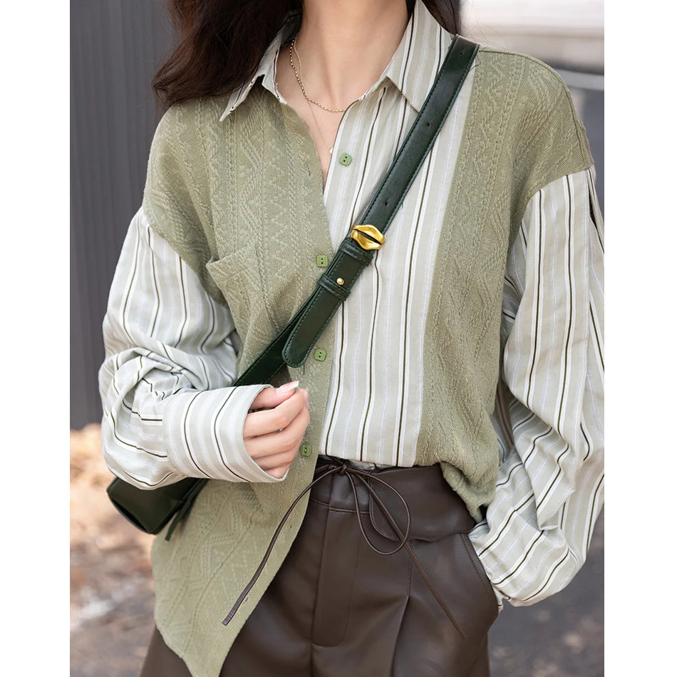 Herbst Koreanische Strick Patchwork Gestreiften Turndown Kragen Casual Tops für Frauen