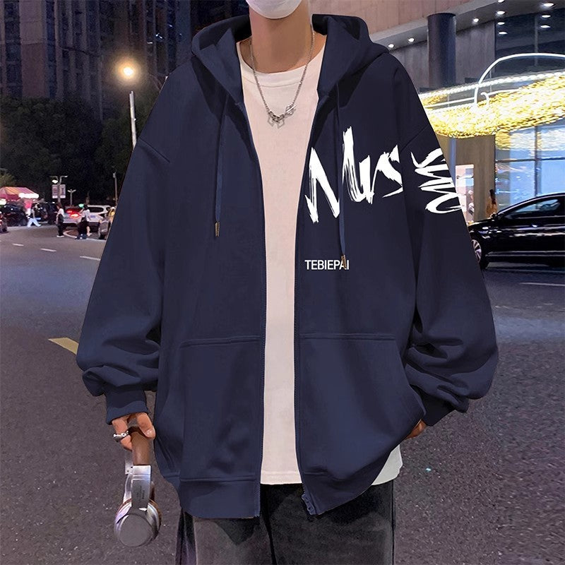 Chaqueta tipo cárdigan con cremallera completa y estampado de letras estilo Hong Kong