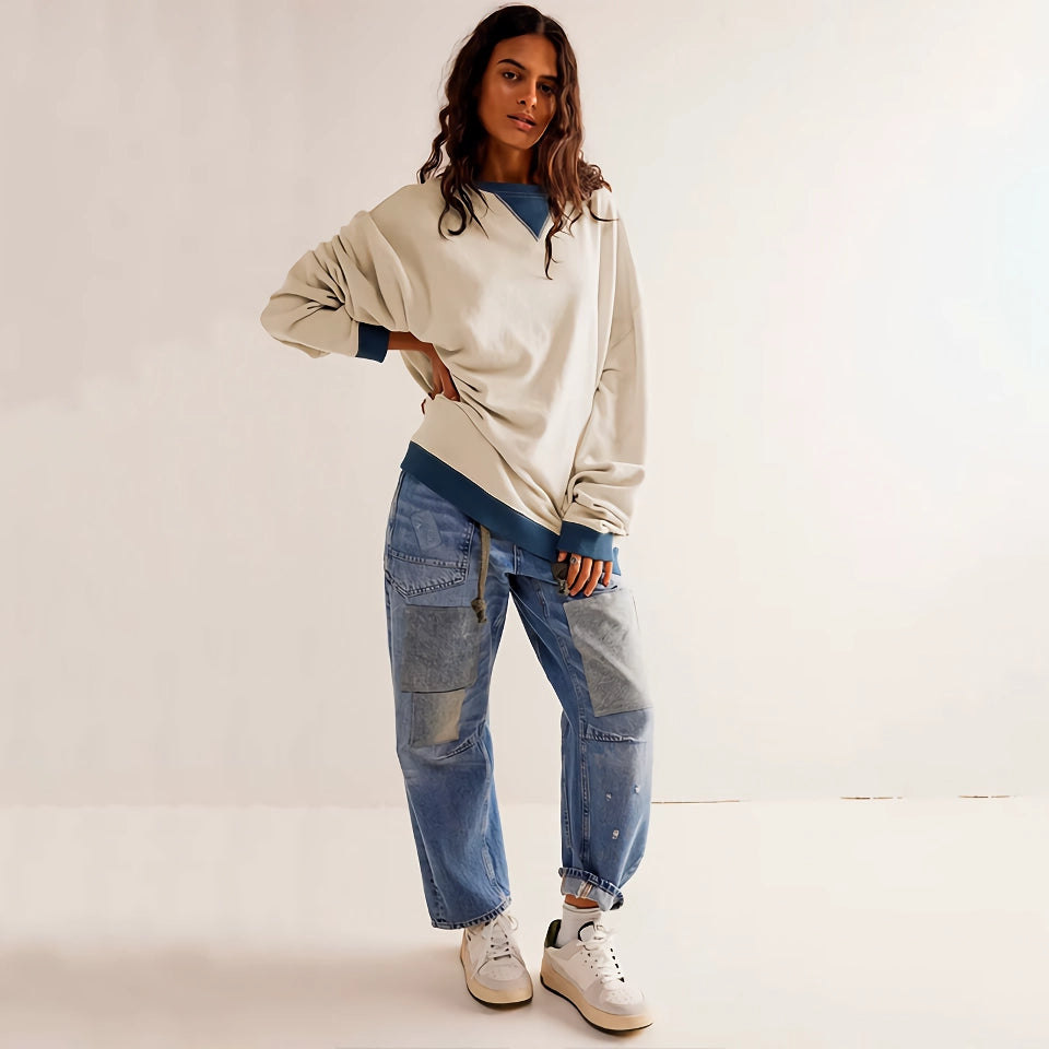 Gemütlicher Patchwork Langarmpullover für Damen - Locker gestrickter Herbstpullover