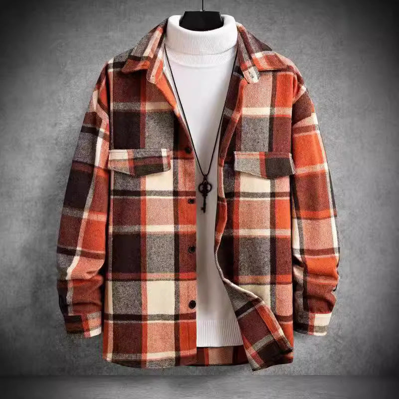 Camisa de franela de manga larga con cuadros cepillados entallados para hombre otoño-invierno
