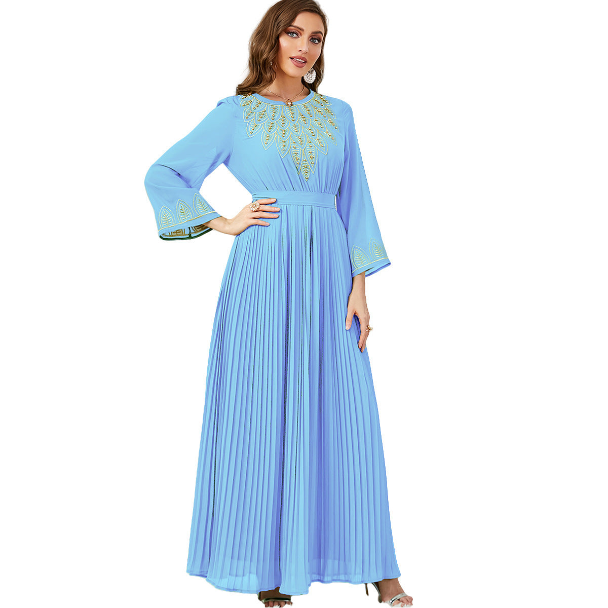 Damenmode Falten Stickerei Perlen Dubai Kleid