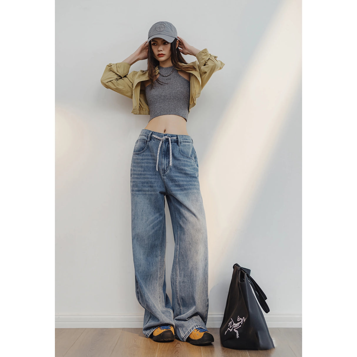 Light Blue Vintage Wide-Leg Jeans with Drawstring Waist for Women