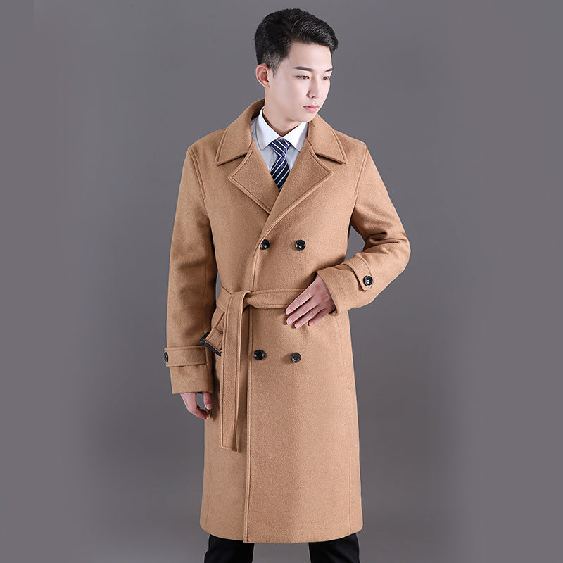 Cortavientos largo para hombre, otoño e invierno, nueva lana, cruzado, moda, ajustado