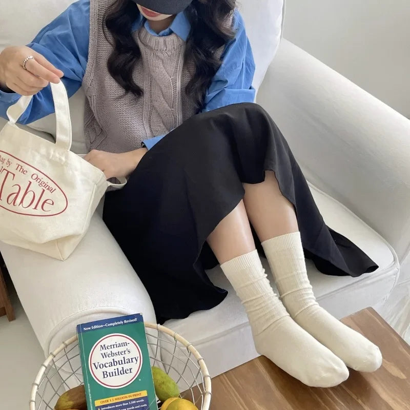 Calcetines altos de estilo japonés para mujer de punto de algodón