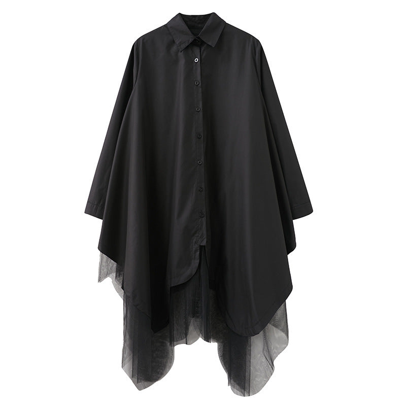 Vestido camisero de malla de doble capa con costuras irregulares y vuelo grande de dos piezas falso y suelto