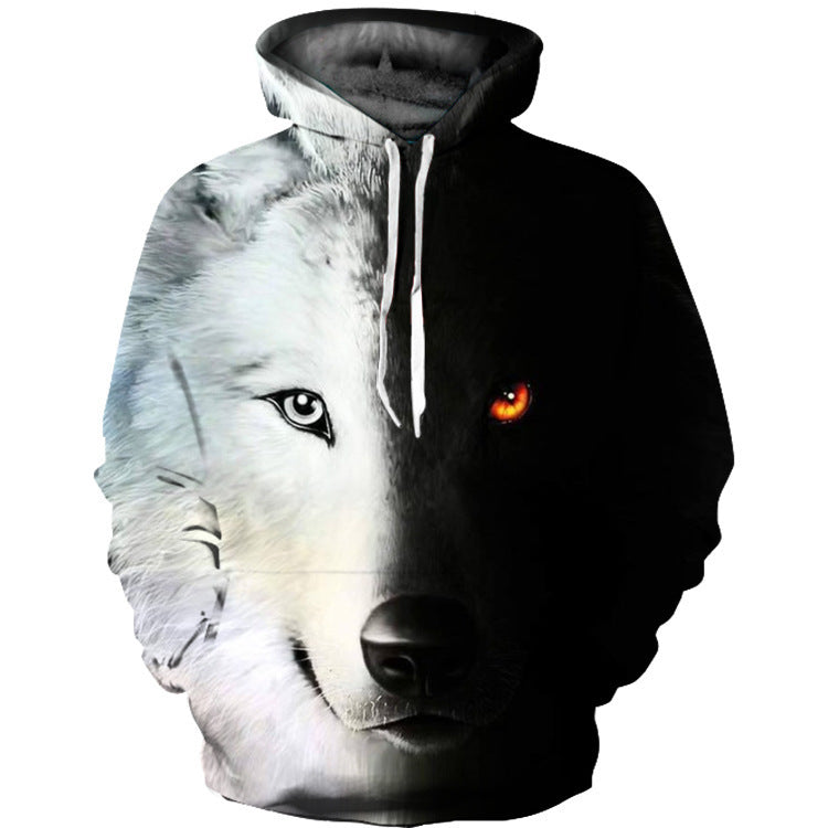 Suéter de manga larga con capucha y estampado digital en 3D de un lobo genial