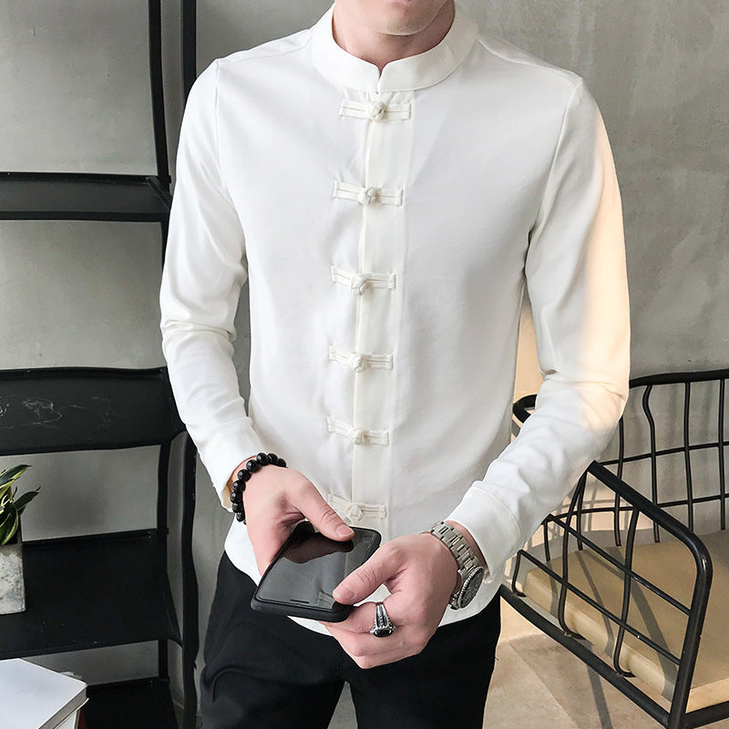 Retro Einfarbig Casual Hemd Jugend Slim Fit Frosch Langarm