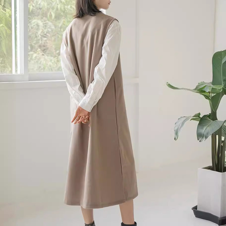 Vestido tipo chaleco sin mangas de color liso con escote en V para mujer