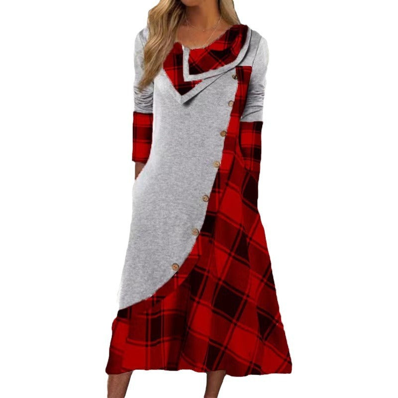 Vestido de manga larga con cuello alto y tira de botones con costuras a cuadros y estampado europeo y americano para mujer de Amazon