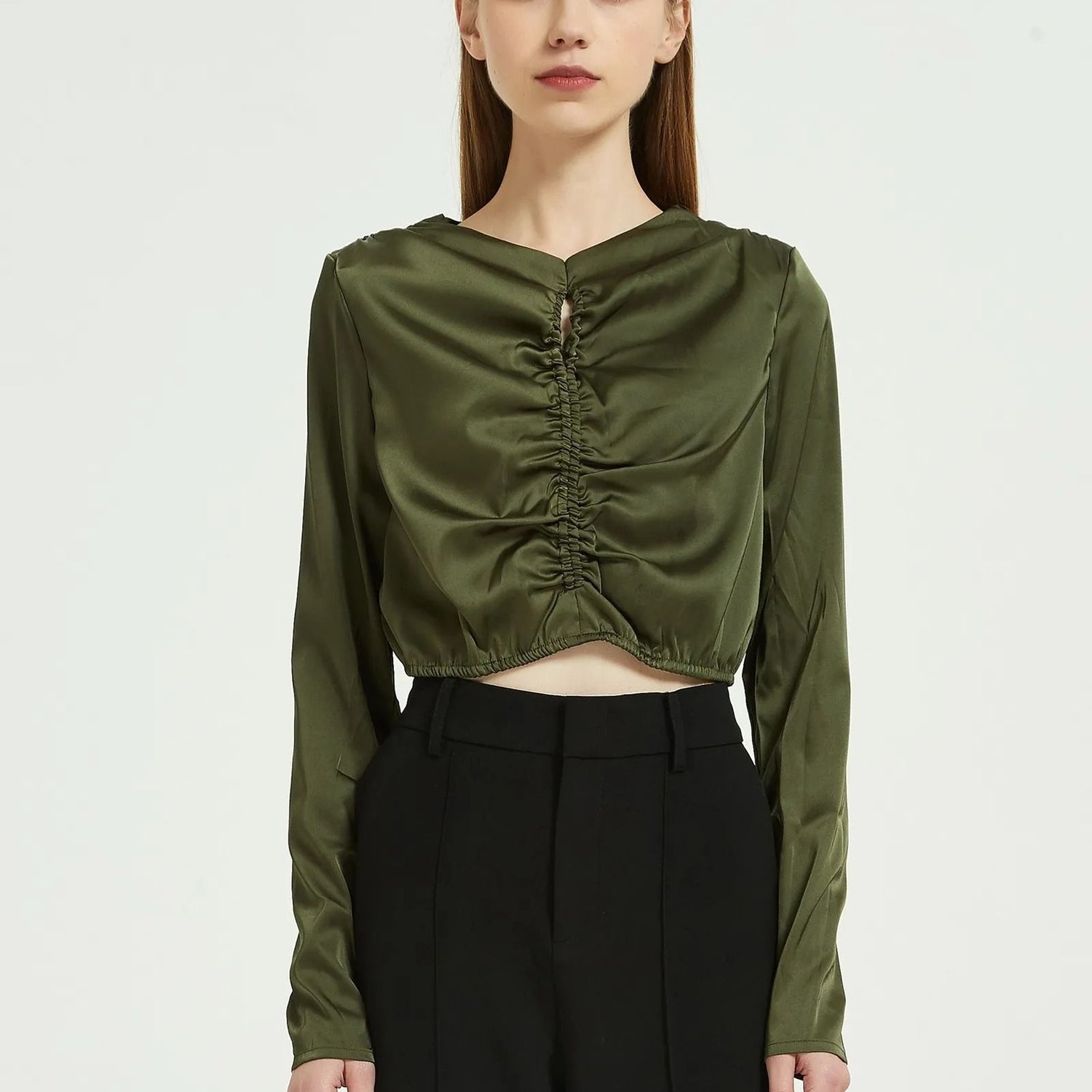 Elegant Green Silk Chiffon Long Sleeve Blouse