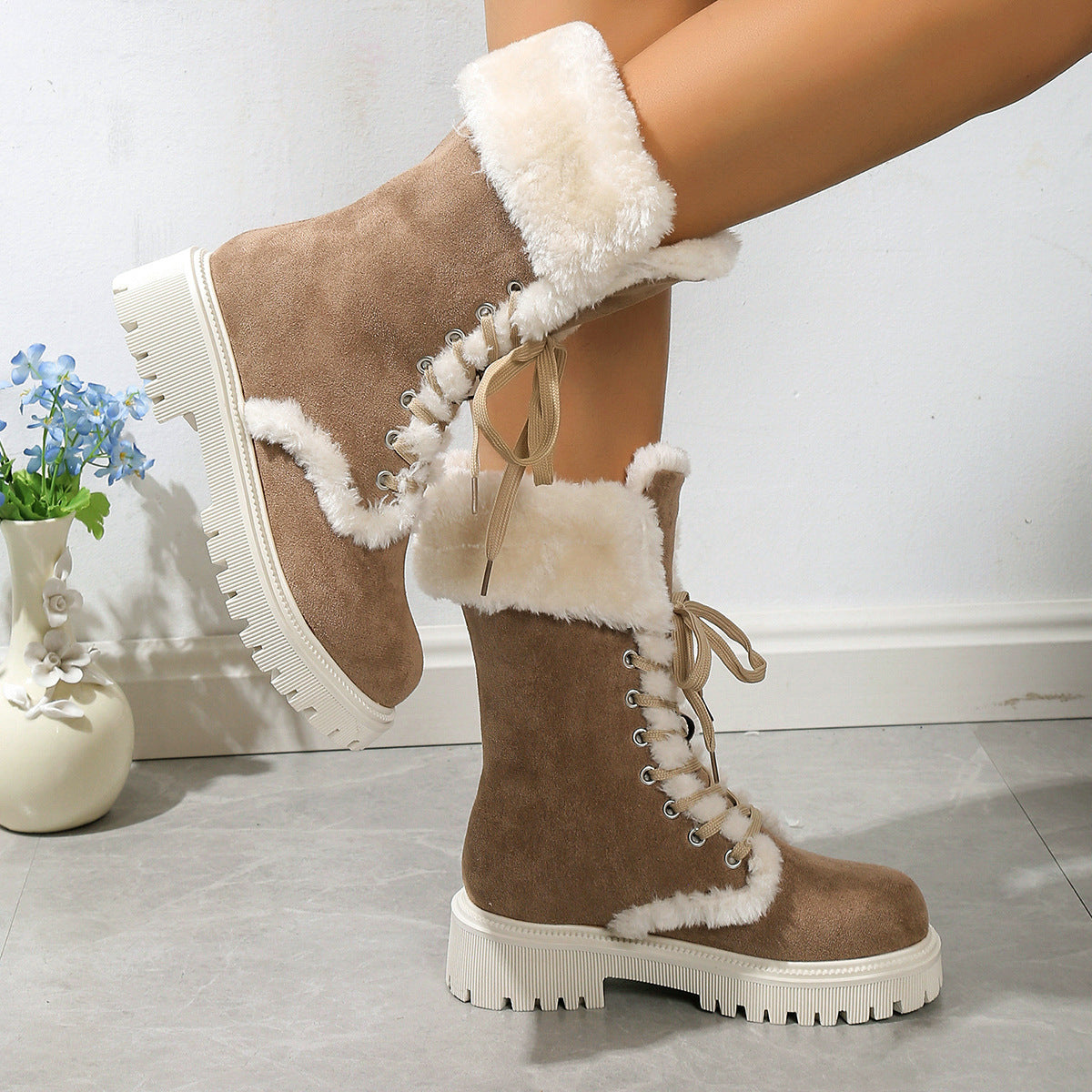 Winter-Schnürstiefeletten für Damen, Fleece-Schuhe mit mittlerem Schaft, warme Plüschstiefel mit klobigen Absätzen