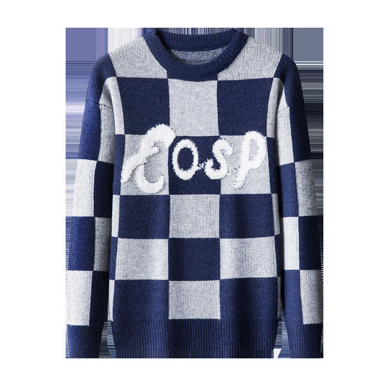 Suéter de cuadros con cuello redondo, suave, cálido y grueso