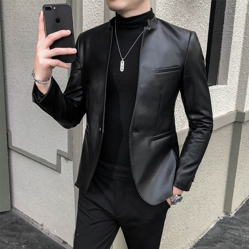 Chaqueta de cuero sencilla de marca de moda de tendencia delgada para hombre