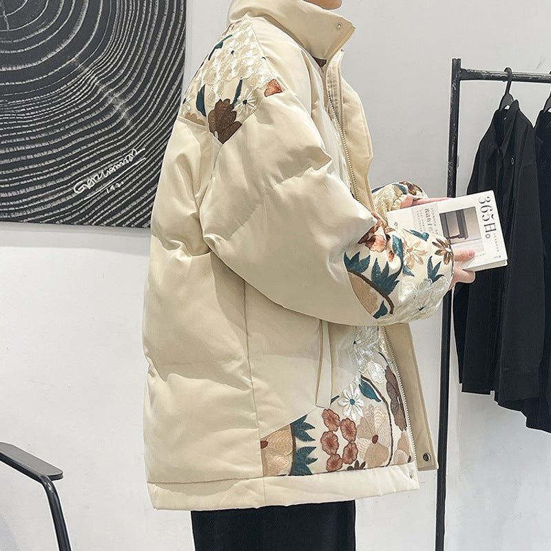 Verdickter, warmer Baumwollmantel mit besticktem Stehkragen