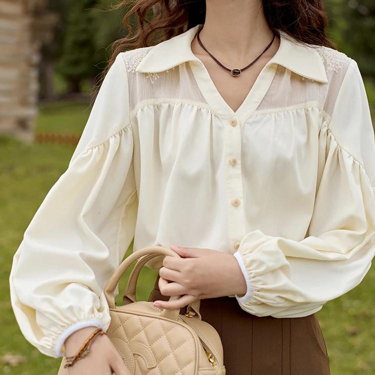 Camisa de gasa con cuello en V y mangas abullonadas bordadas para mujer