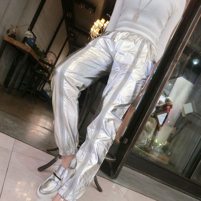 Silber lässige Krawatte Hose lose Reißverschluss Mode Haremshose