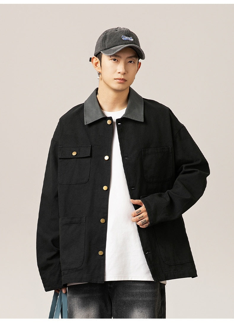 Chaqueta de trabajo estilo japonés con solapas de color en contraste y múltiples bolsillos