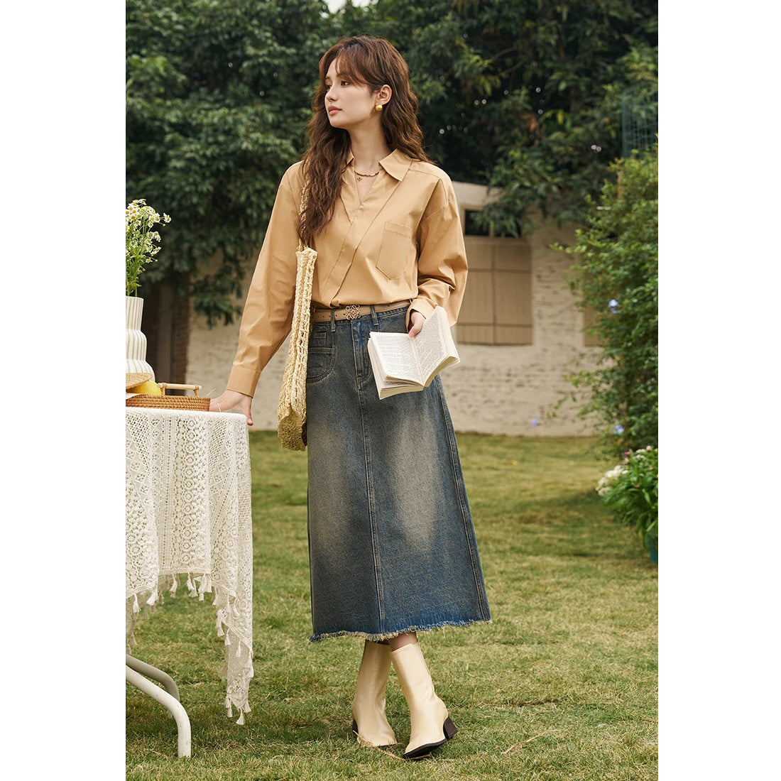 Camisa de manga larga con cuello vuelto y escote en V estilo retro francés para mujer