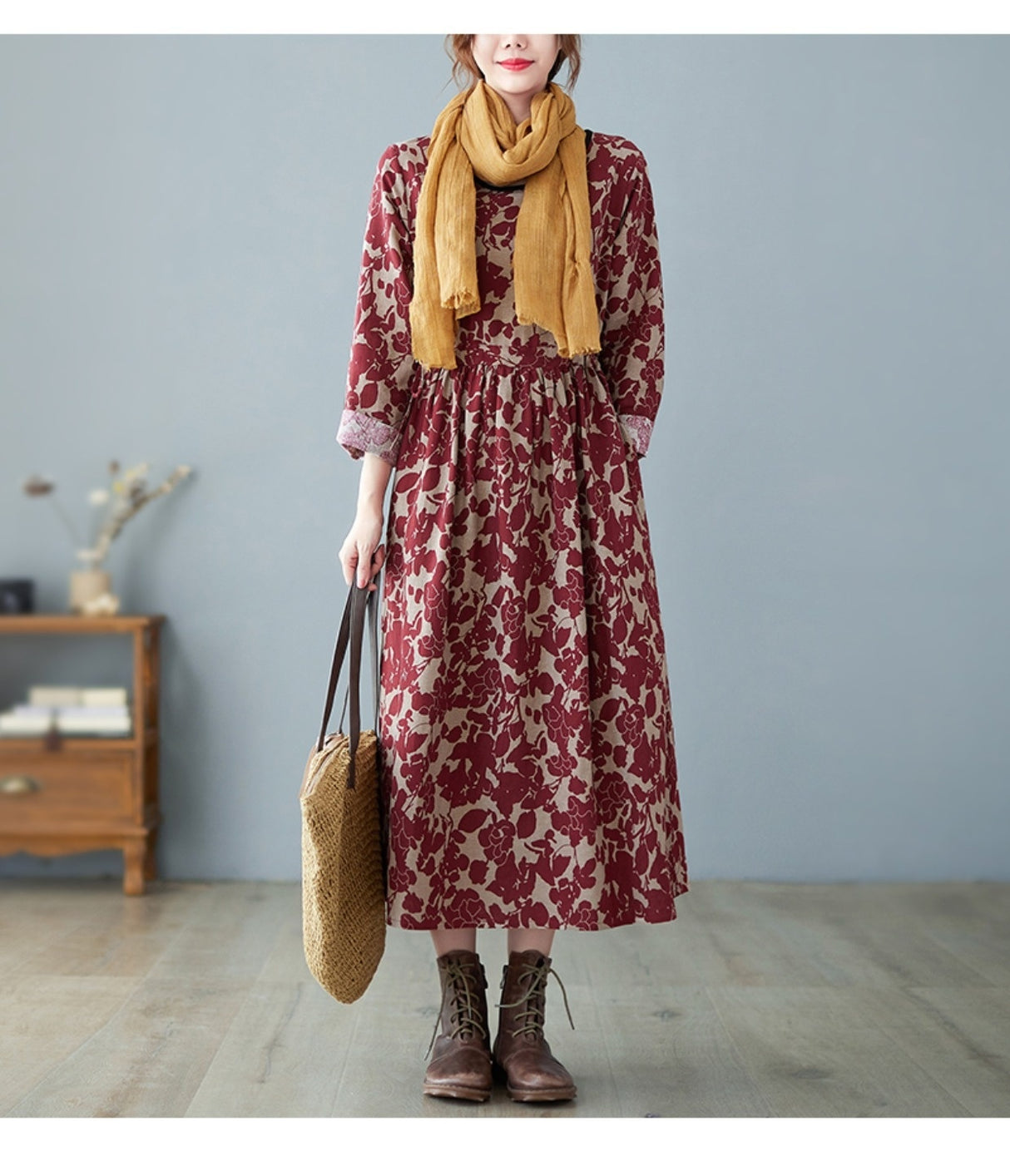 Vestido de algodón y lino con estampado floral estilo retro
