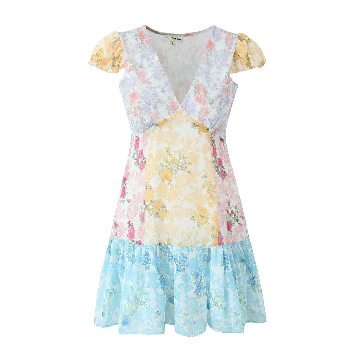 Vestido mini con escote en V y costuras de gasa estampada