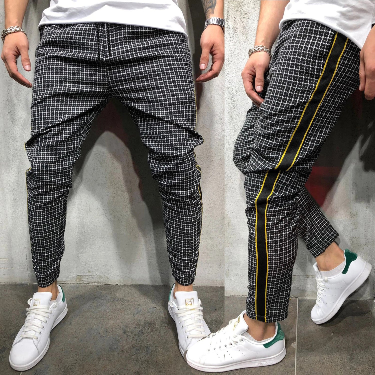 Schmal geschnittene Freizeithose mit Gittermuster und Gurtnähten