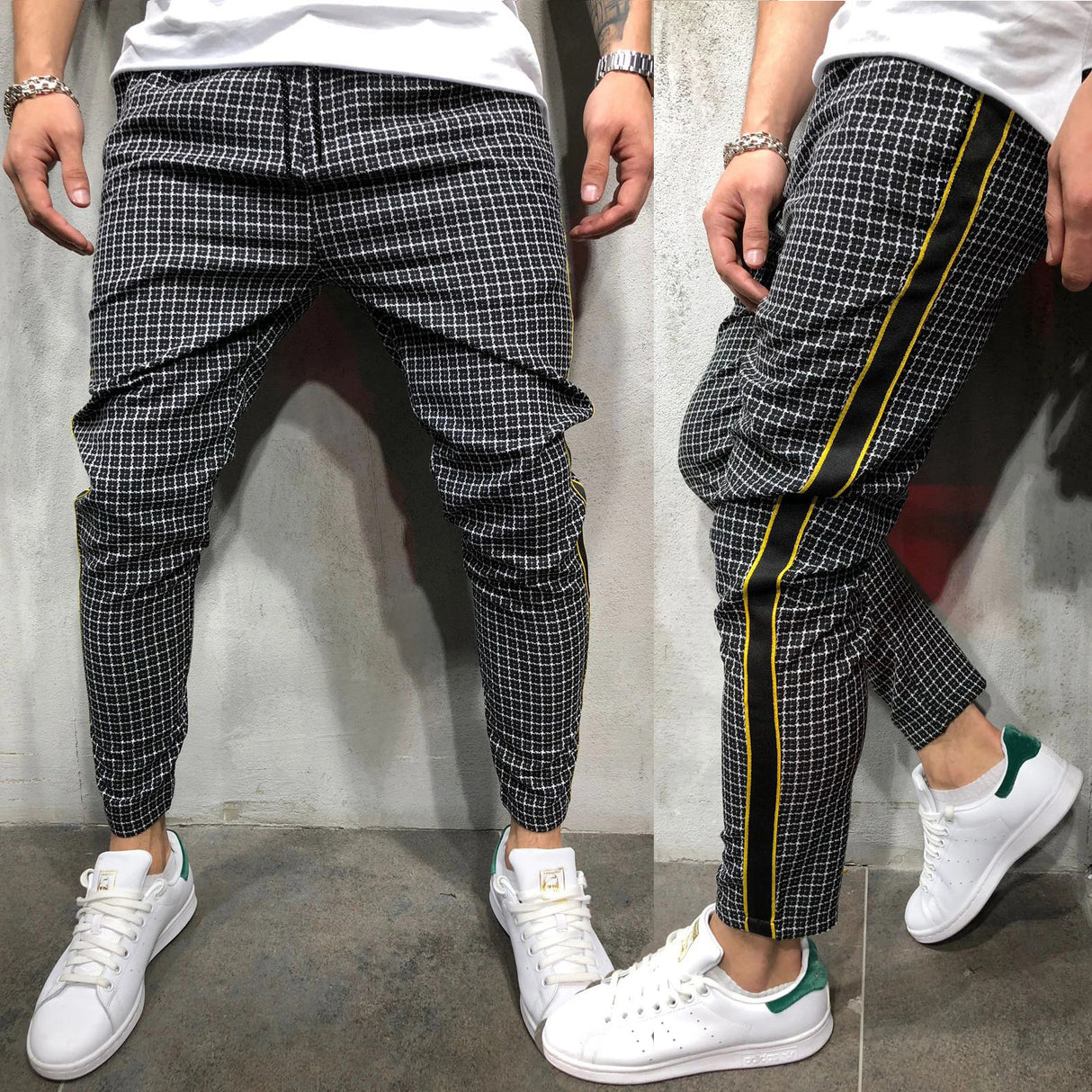 Schmal geschnittene Freizeithose mit Gittermuster und Gurtnähten