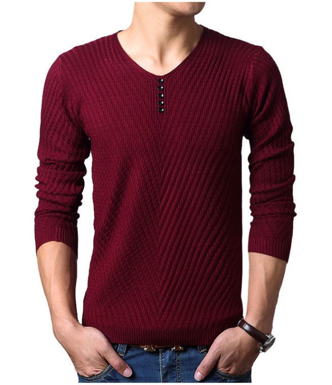 Suéter nuevo para hombre, jersey de color liso con cuello en V y parte inferior ajustada