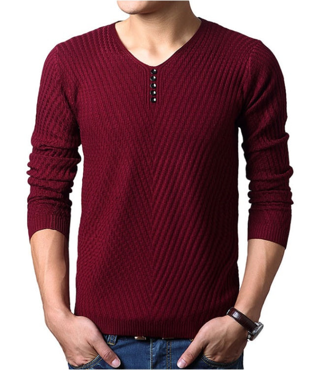 Suéter nuevo para hombre, jersey de color liso con cuello en V y parte inferior ajustada