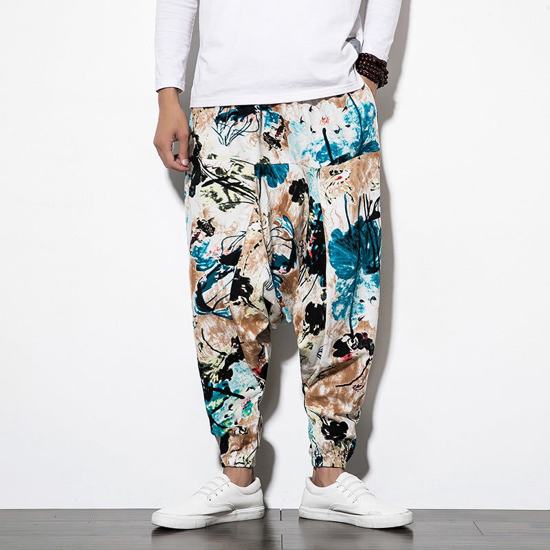 Außenhandel Amazon 20 Frühling und Sommer im chinesischen Stil Baumwolle und Leinen Freizeithosen für Männer mit Druck Lange Hosen Flut Große Größe Lose Hip-Hop-Hosen