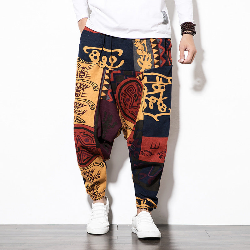 Außenhandel Amazon 20 Frühling und Sommer im chinesischen Stil Baumwolle und Leinen Freizeithosen für Männer mit Druck Lange Hosen Flut Große Größe Lose Hip-Hop-Hosen