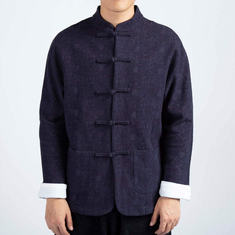 Chaqueta de traje estilo chino de algodón y lino con cuello en V y jacquard grueso para hombre